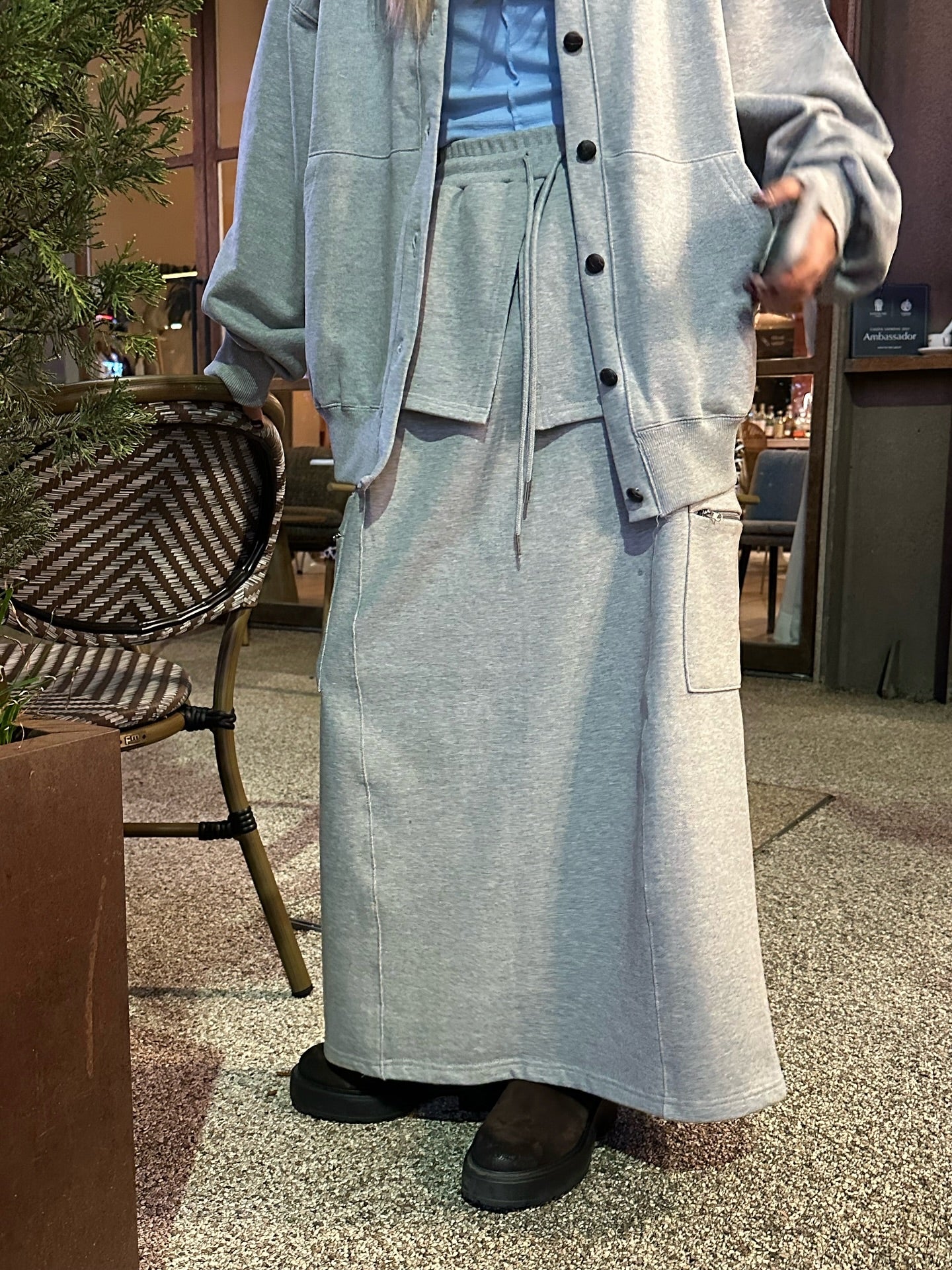 鬆緊腰假兩件大口袋半身裙