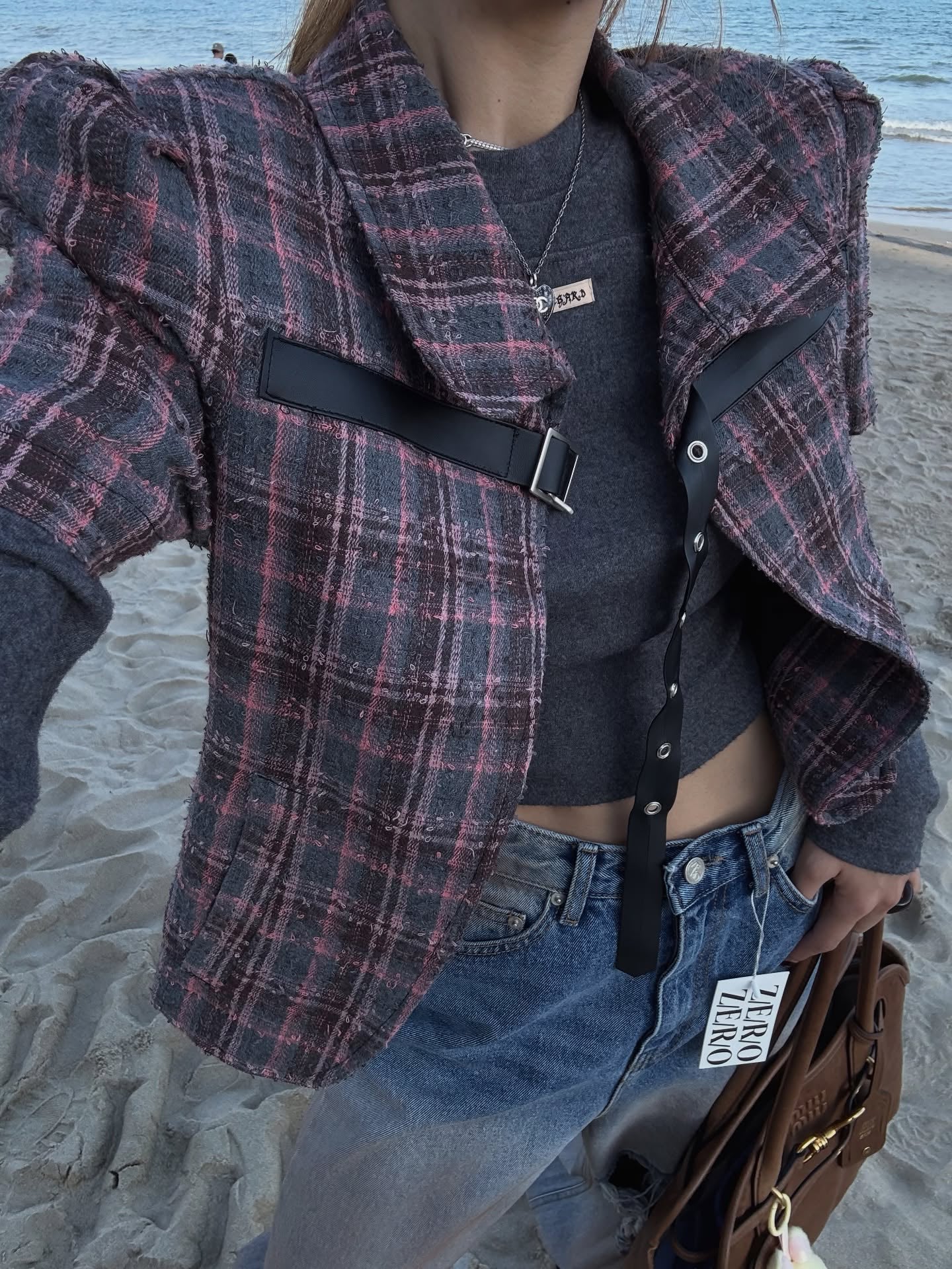 翻領格紋設計感小香風短袖外套