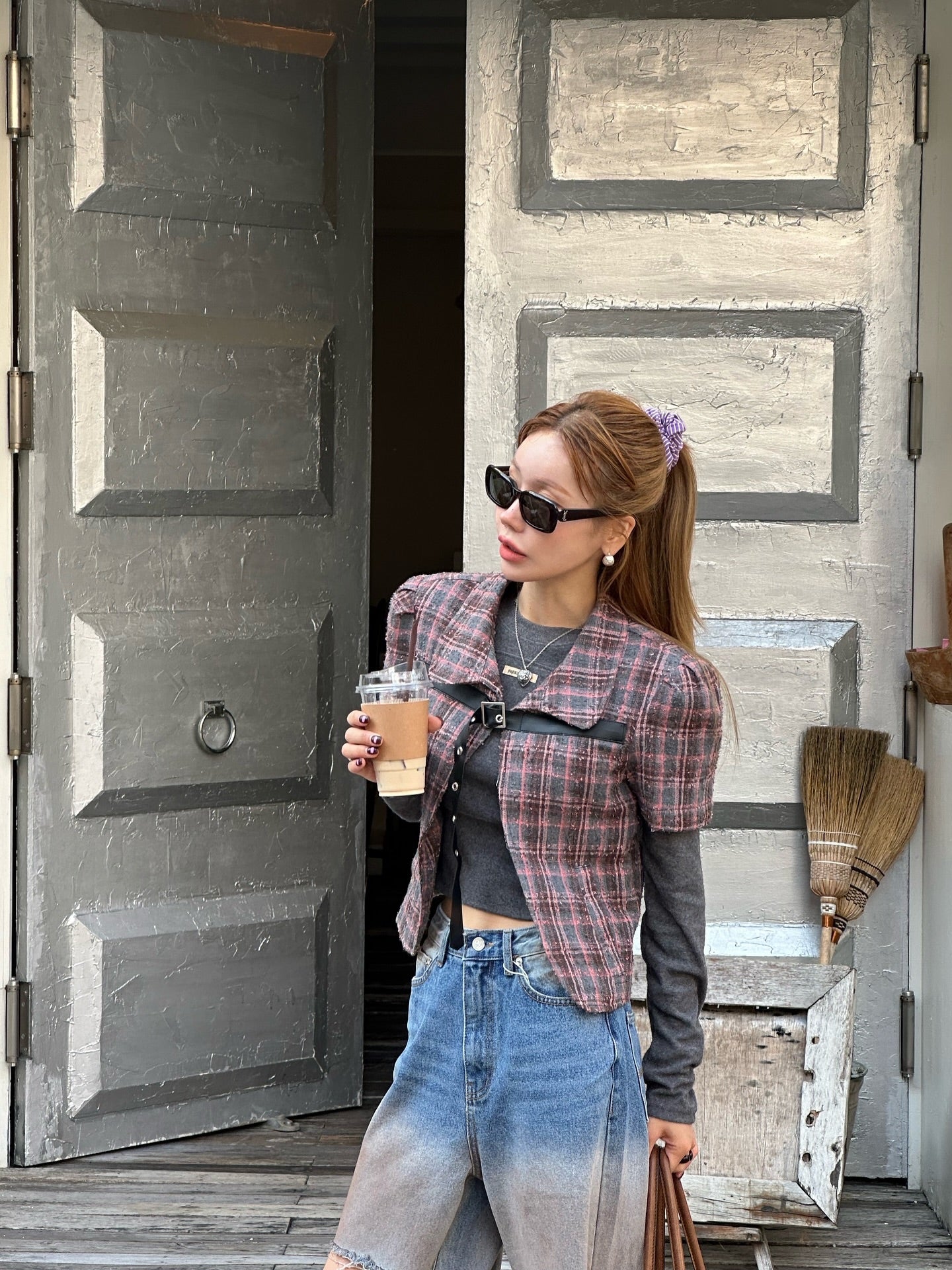 翻領格紋設計感小香風短袖外套