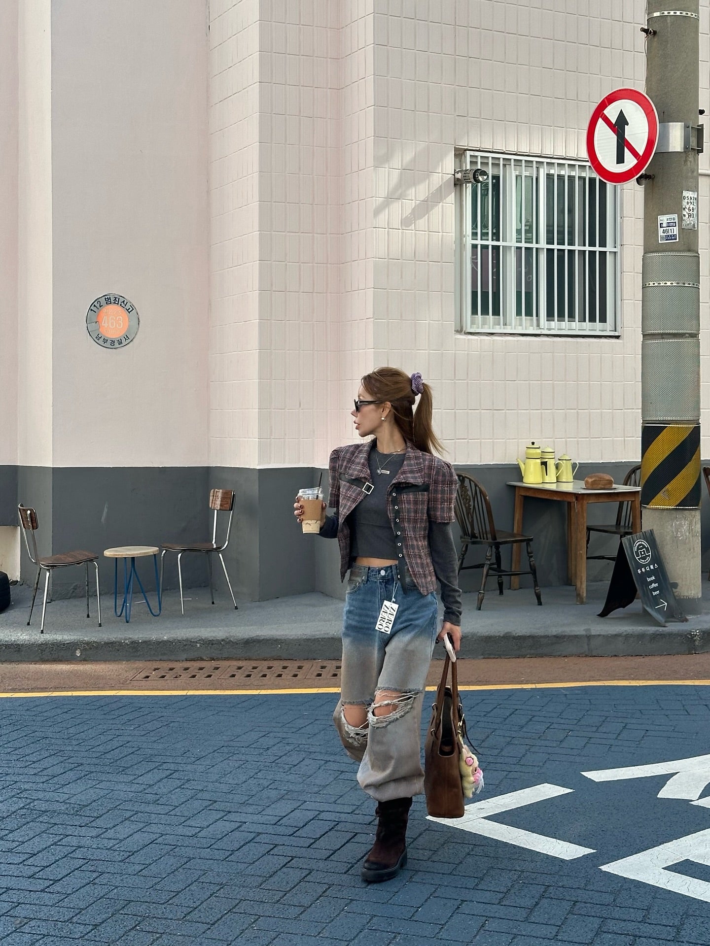 翻領格紋設計感小香風短袖外套