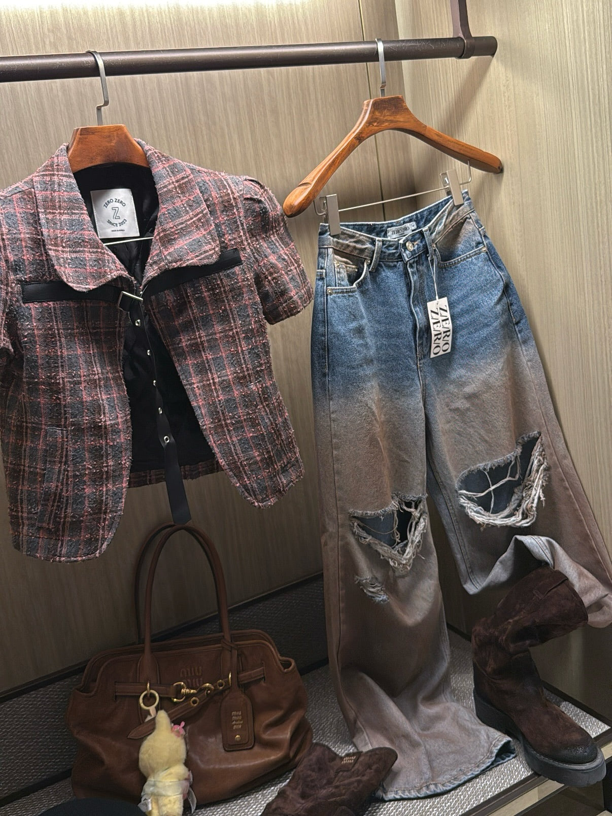 翻領格紋設計感小香風短袖外套