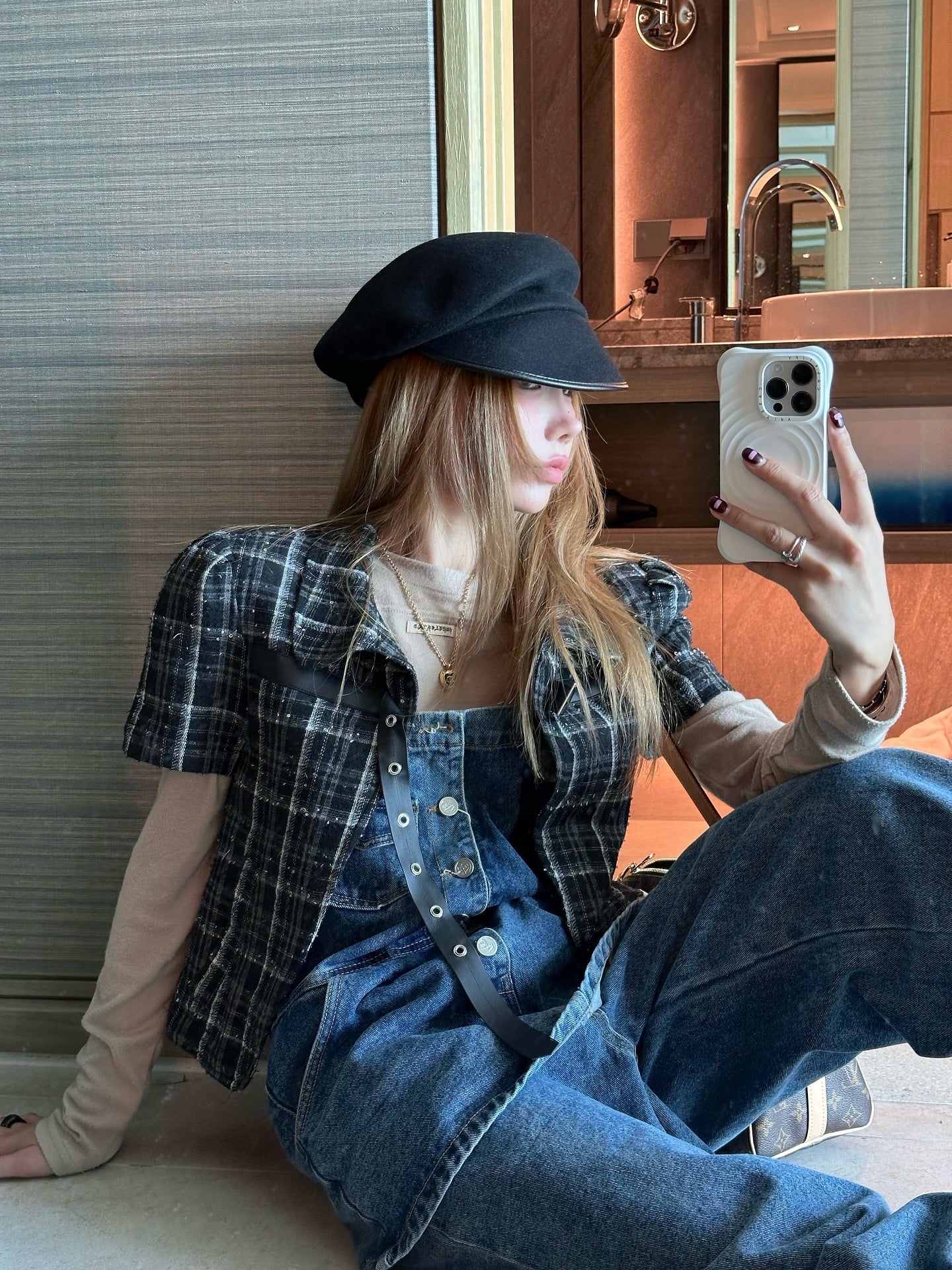 翻領格紋設計感小香風短袖外套