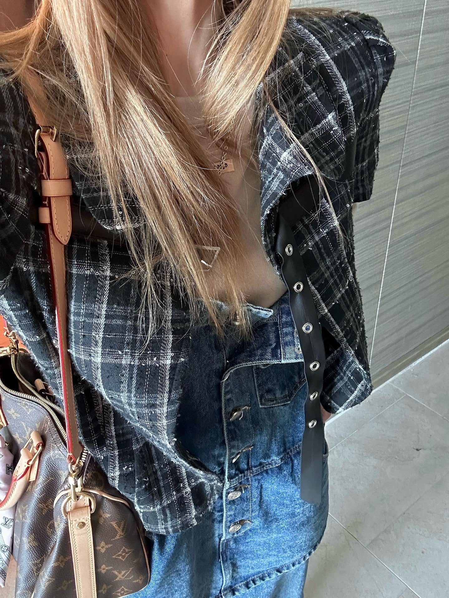 翻領格紋設計感小香風短袖外套