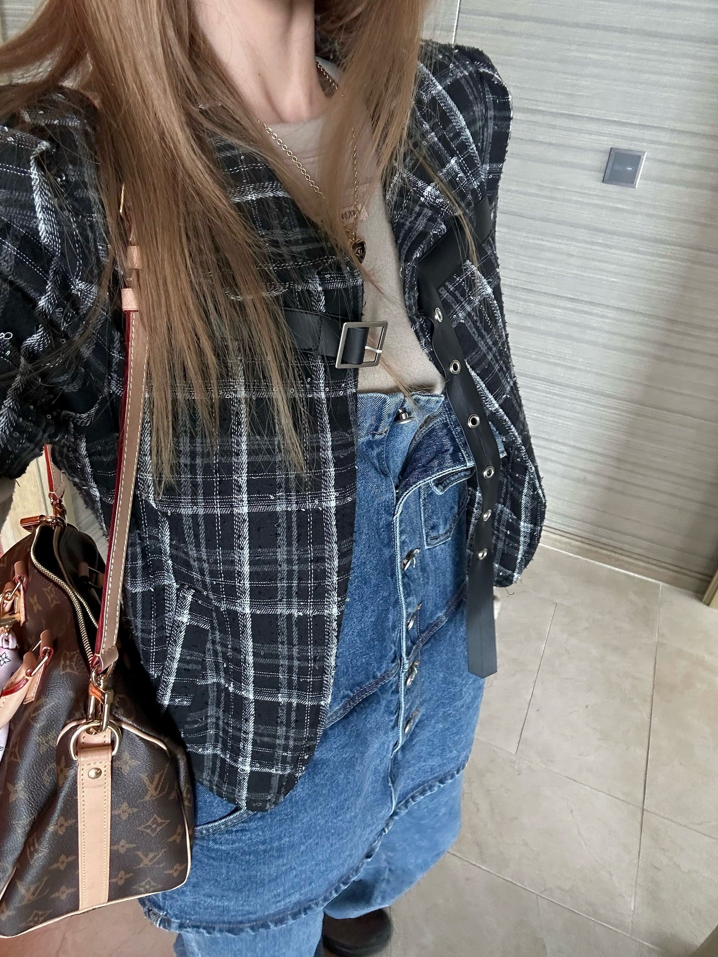 翻領格紋設計感小香風短袖外套