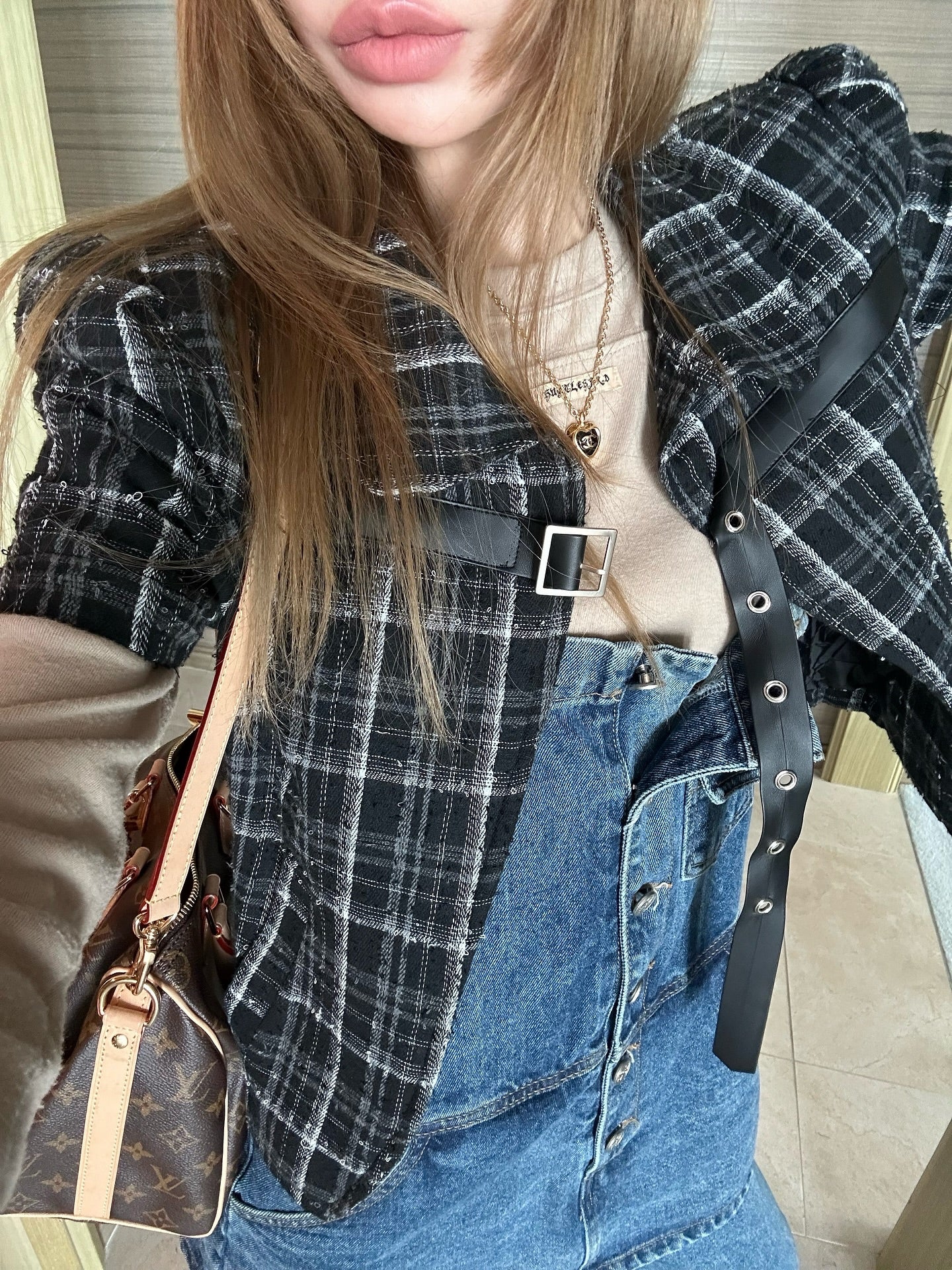 翻領格紋設計感小香風短袖外套