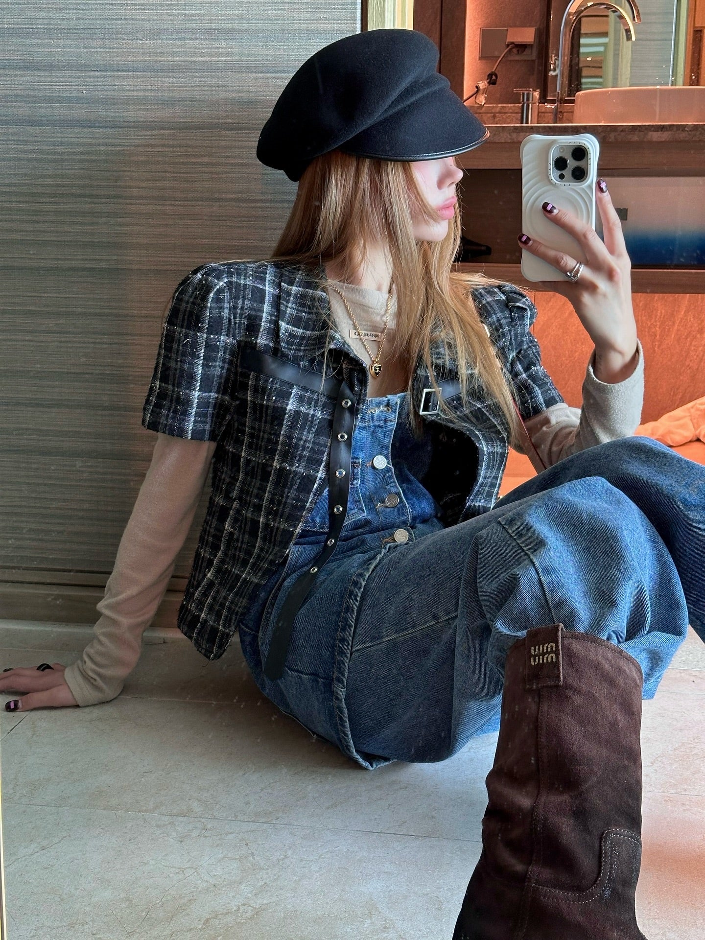 翻領格紋設計感小香風短袖外套