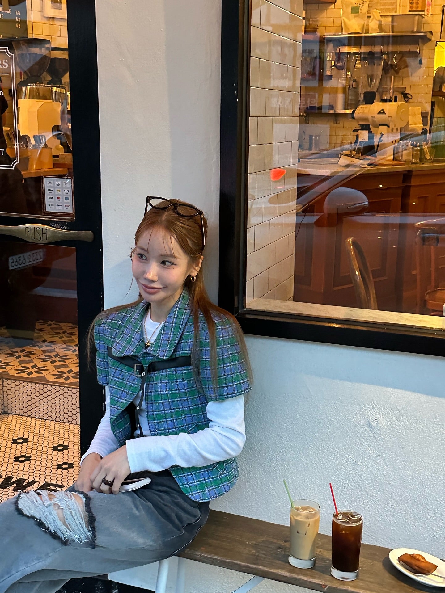 翻領格紋設計感小香風短袖外套