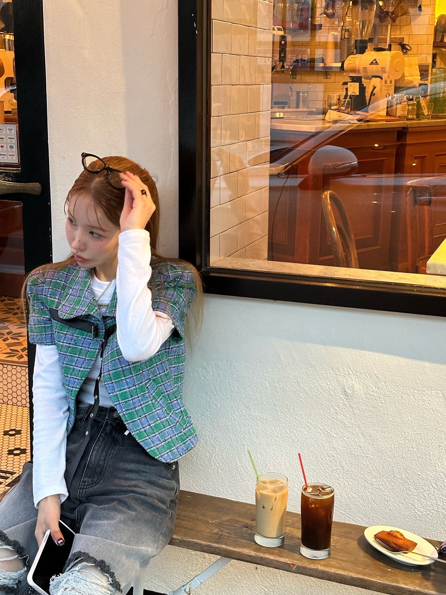 翻領格紋設計感小香風短袖外套