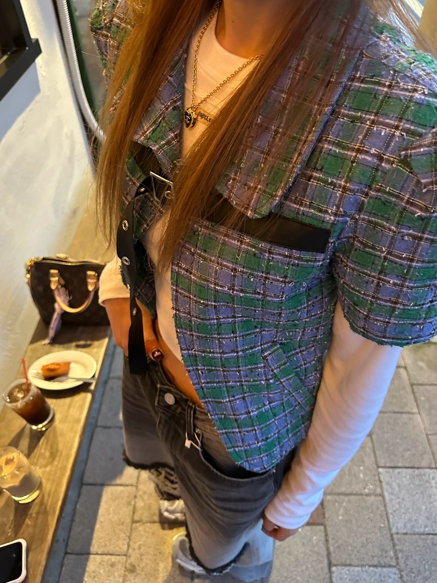 翻領格紋設計感小香風短袖外套