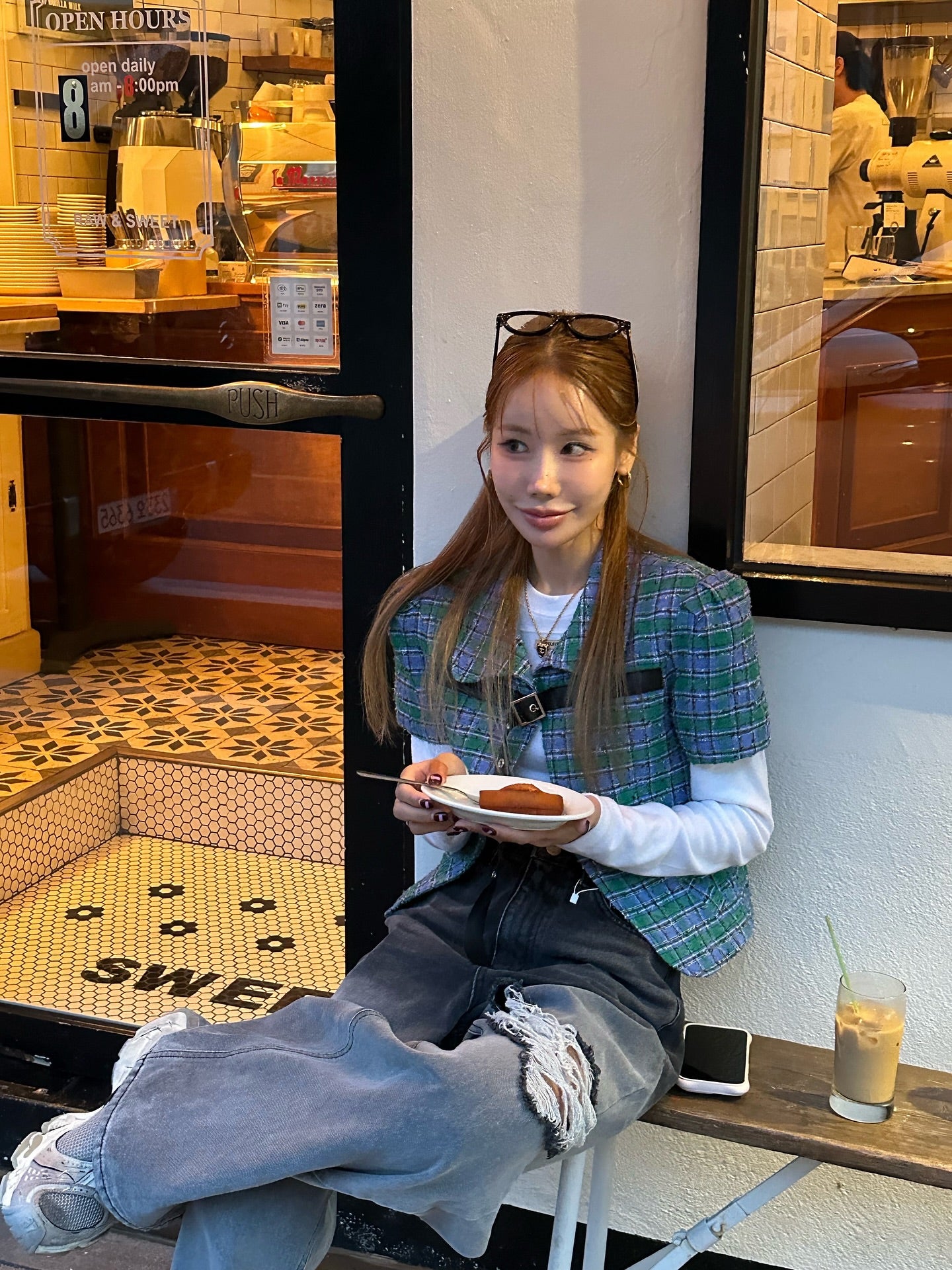 翻領格紋設計感小香風短袖外套