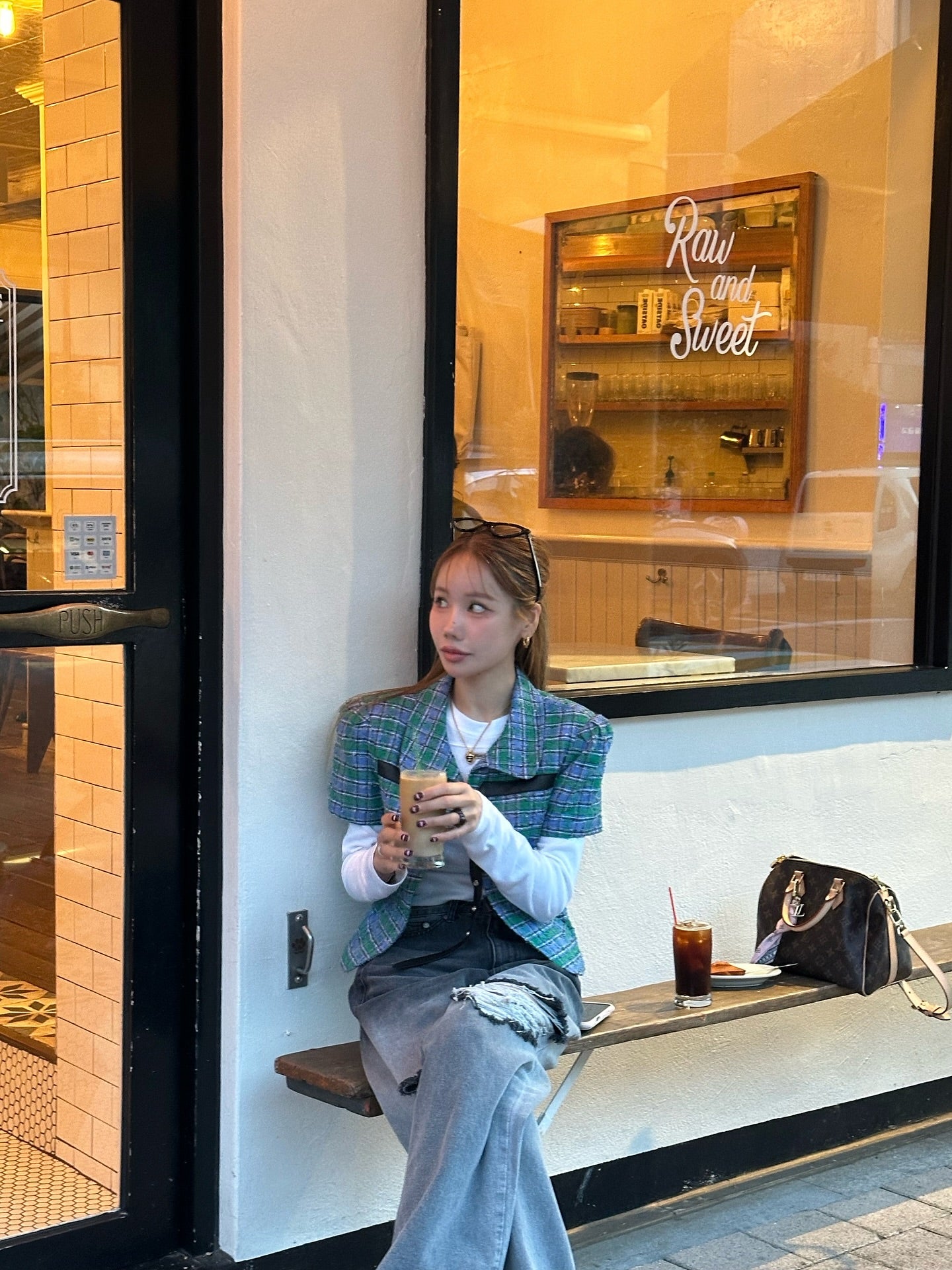 翻領格紋設計感小香風短袖外套