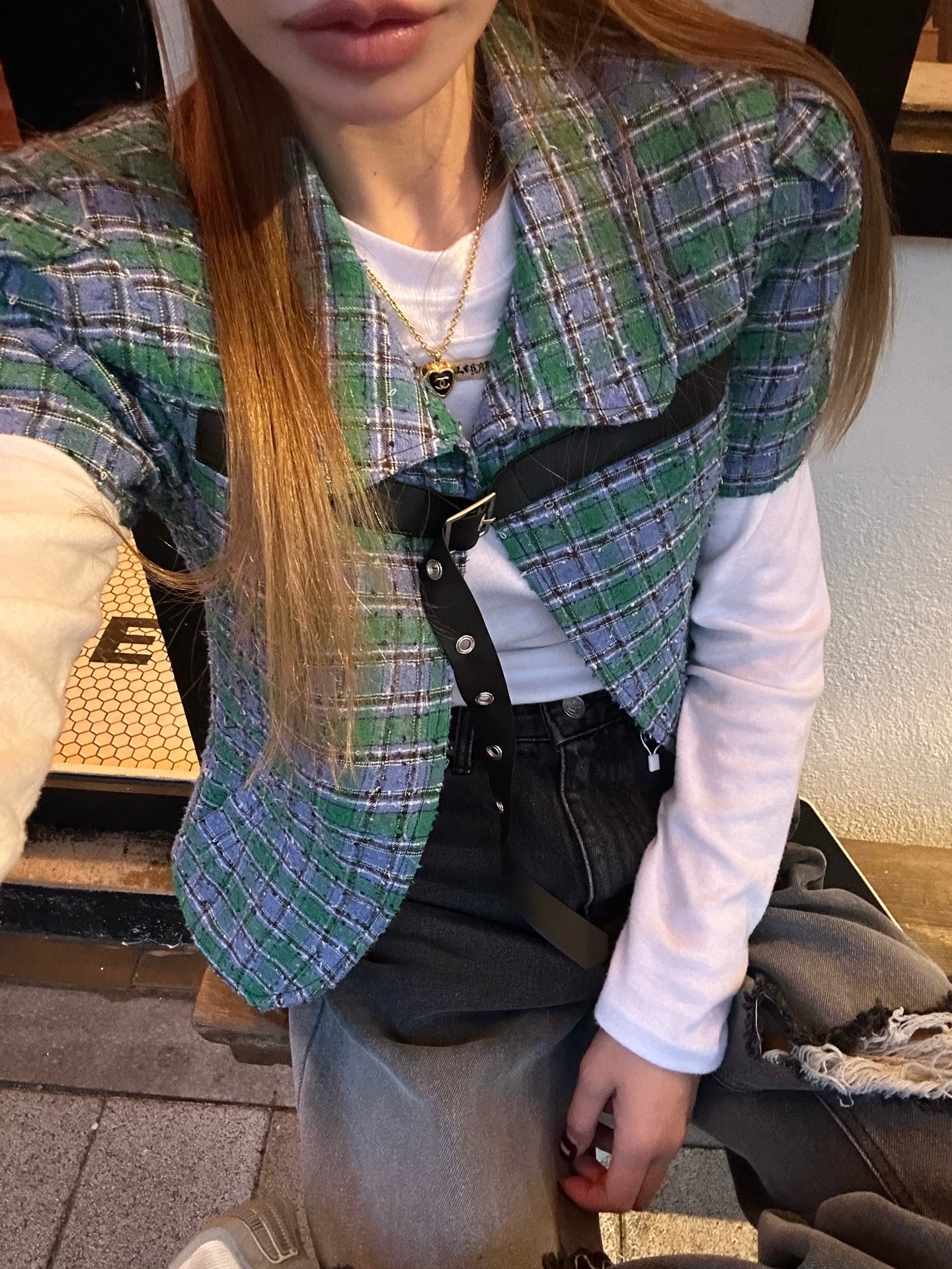 翻領格紋設計感小香風短袖外套