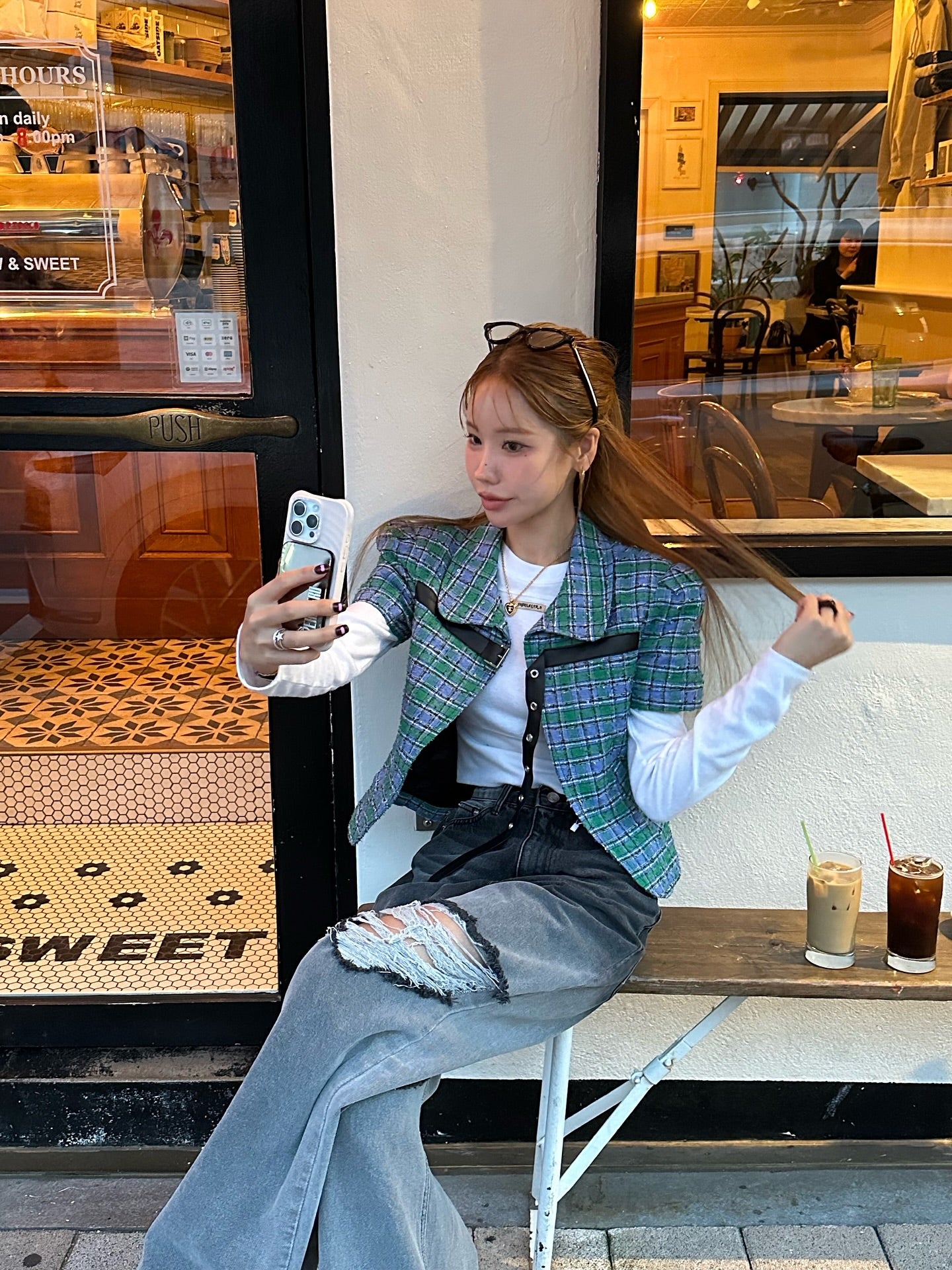 翻領格紋設計感小香風短袖外套